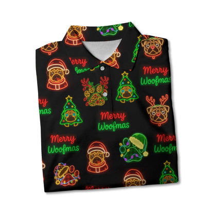 Neon Merry Woofmas Pug Christmas Pattern Polo, Funny Pug Shirt, Pug T Shirt