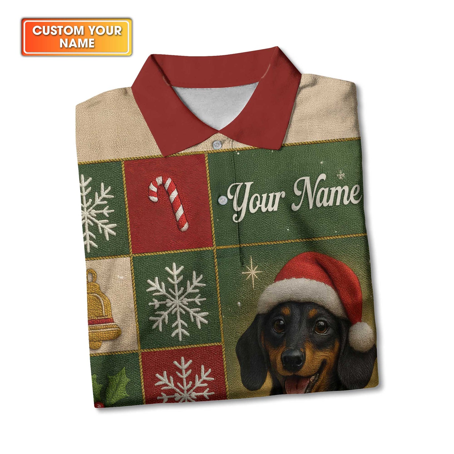 Personalized Name Wiener Dog T Shirt, Dachshund Sweatshirt, Happy Christmas Dachshund Pattern Polo
