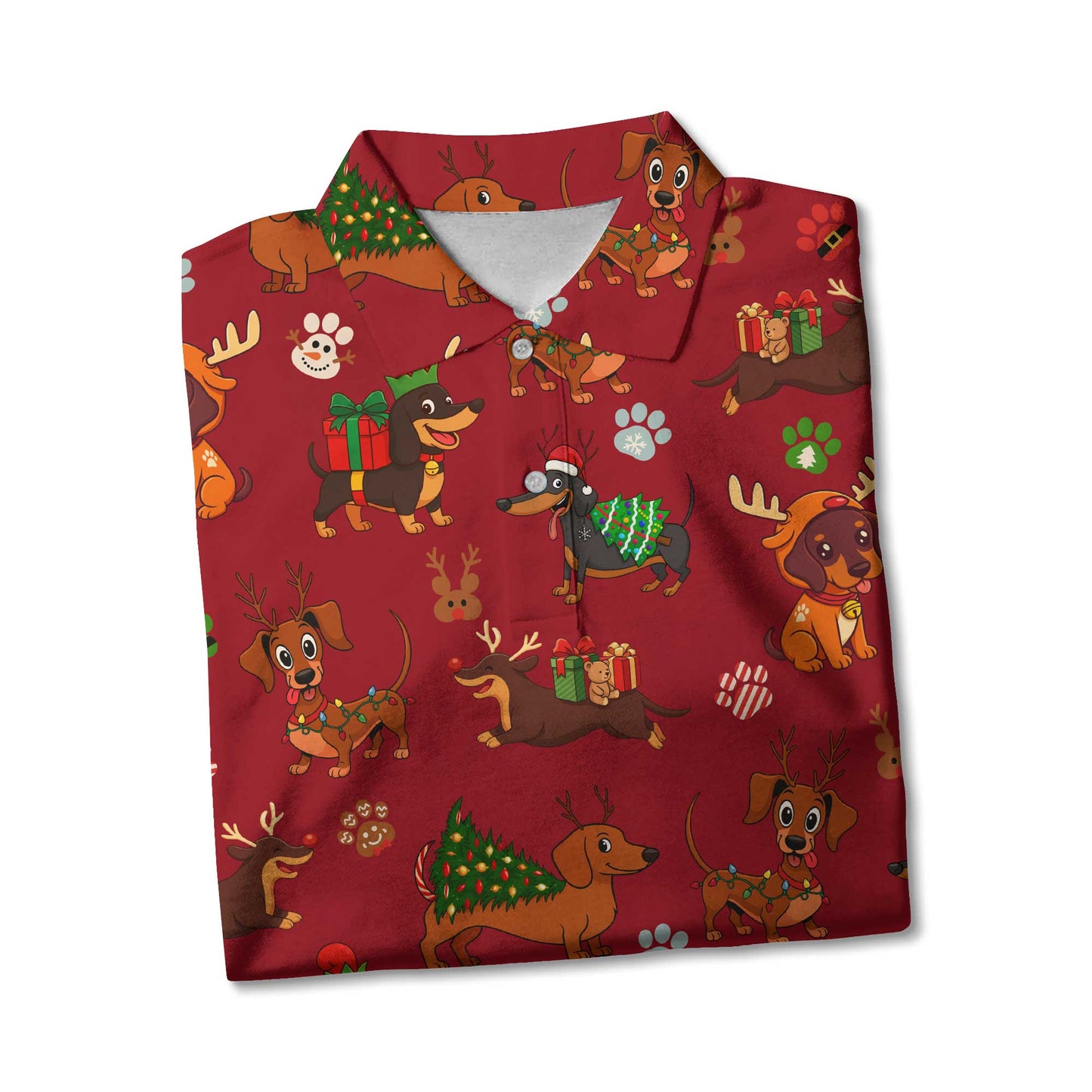 Red Holiday Cute Xmas With Reindeer Dachshund And Gift Pattern Polo, Christmas Dachshund Shirt, Wiener Dog T Shirt