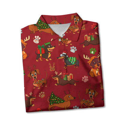 Red Holiday Cute Xmas With Reindeer Dachshund And Gift Pattern Polo, Christmas Dachshund Shirt, Wiener Dog T Shirt