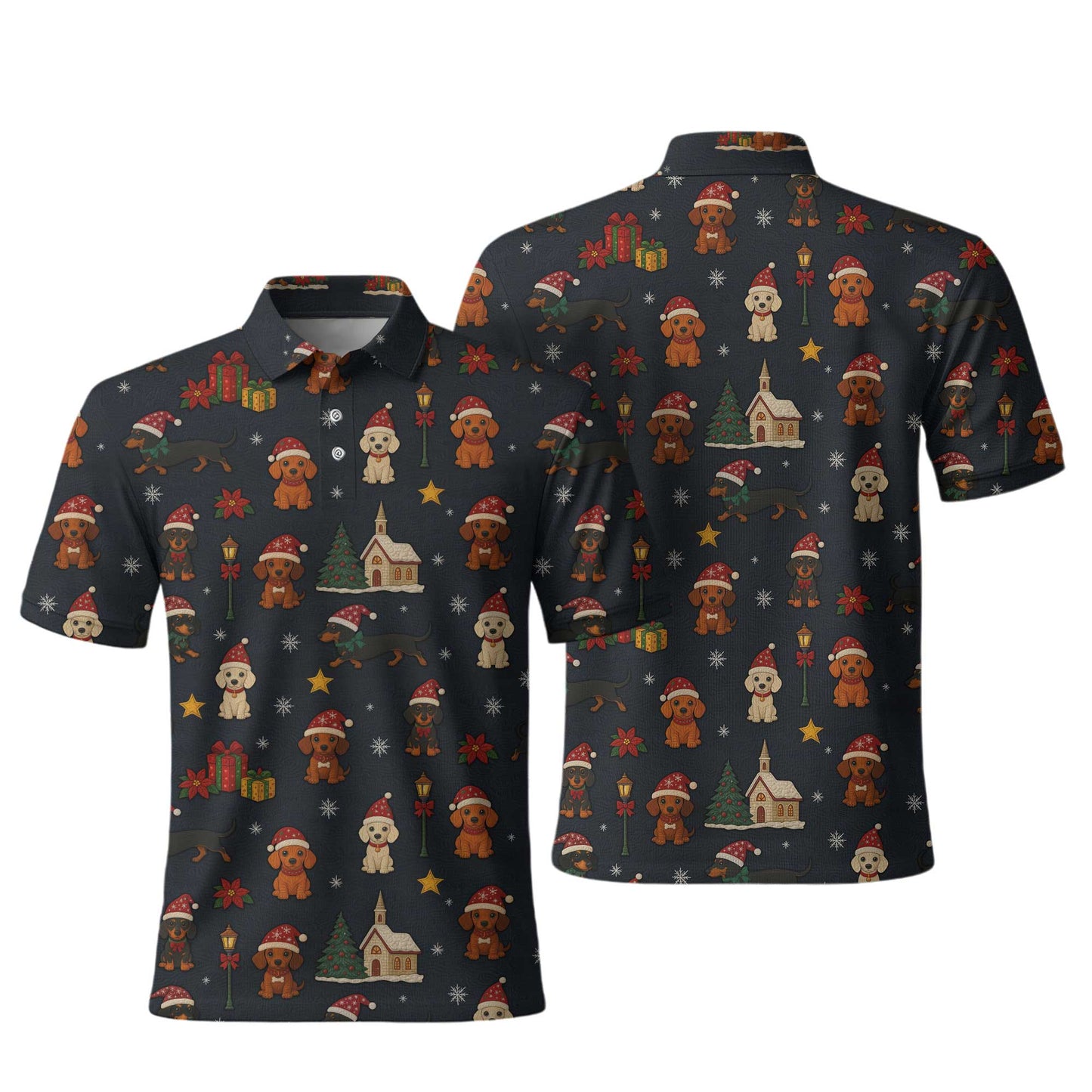 Dachshund Christmas Shirt, Wiener Dog T Shirts, Santa Hat and Holiday Pattern Polo