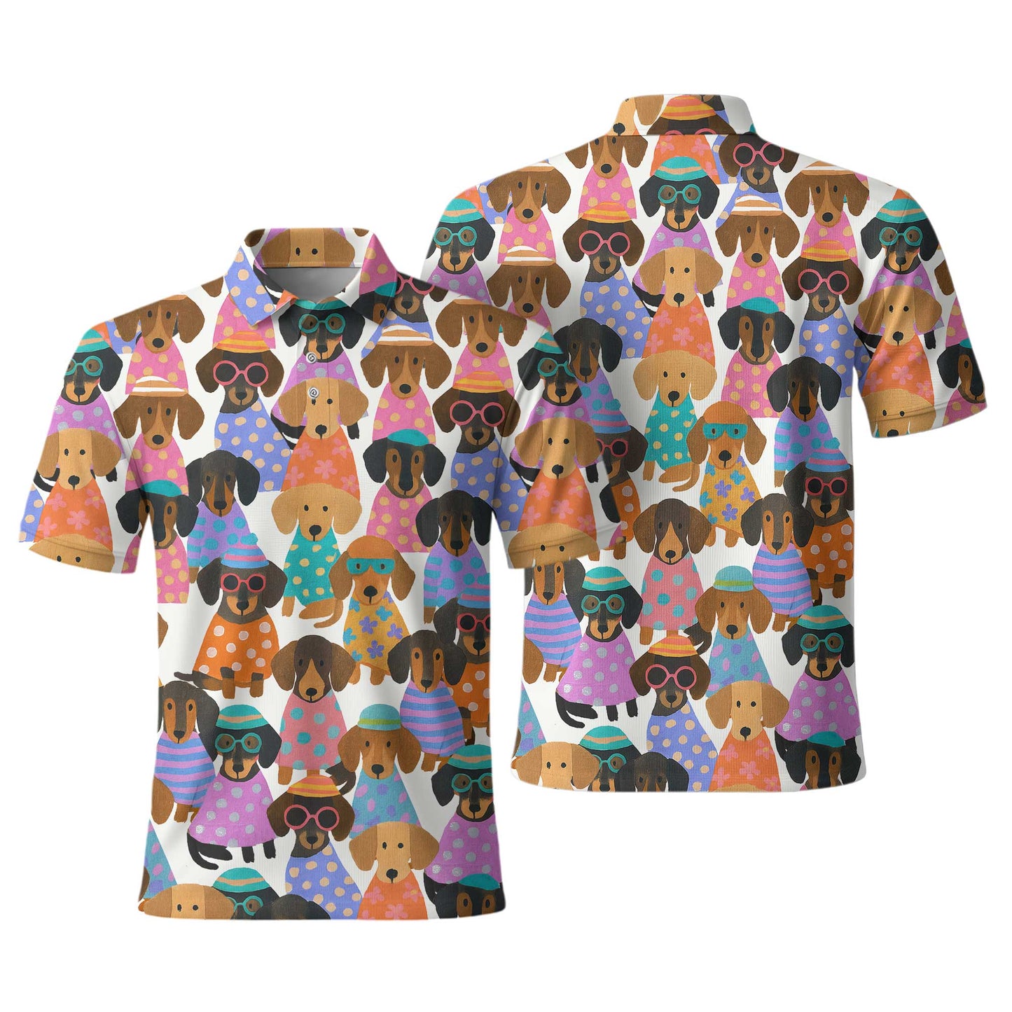 Happy Funny Colorful Dachshund Pattern Polo, Wiener Dog T Shirt, Dachshund Sweatshirt