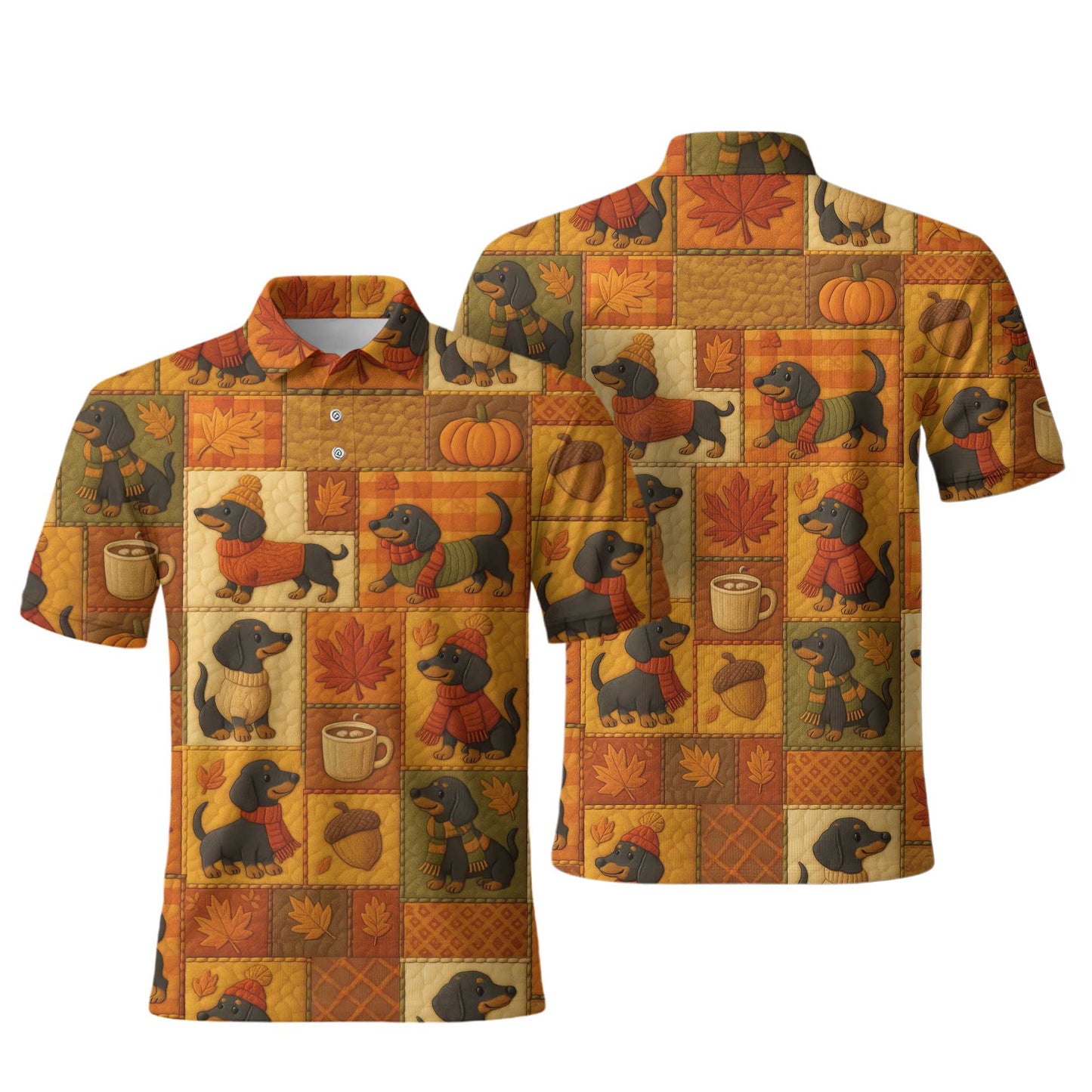 Pattern Polos For Autumn Vibes, Dachshund Shirt With Pumpkins And Coffee, Winter Dog Shirts, T Shirts For Dachshunds