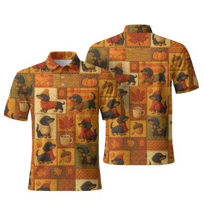 Pattern Polos For Autumn Vibes, Dachshund Shirt With Pumpkins And Coffee, Winter Dog Shirts, T Shirts For Dachshunds