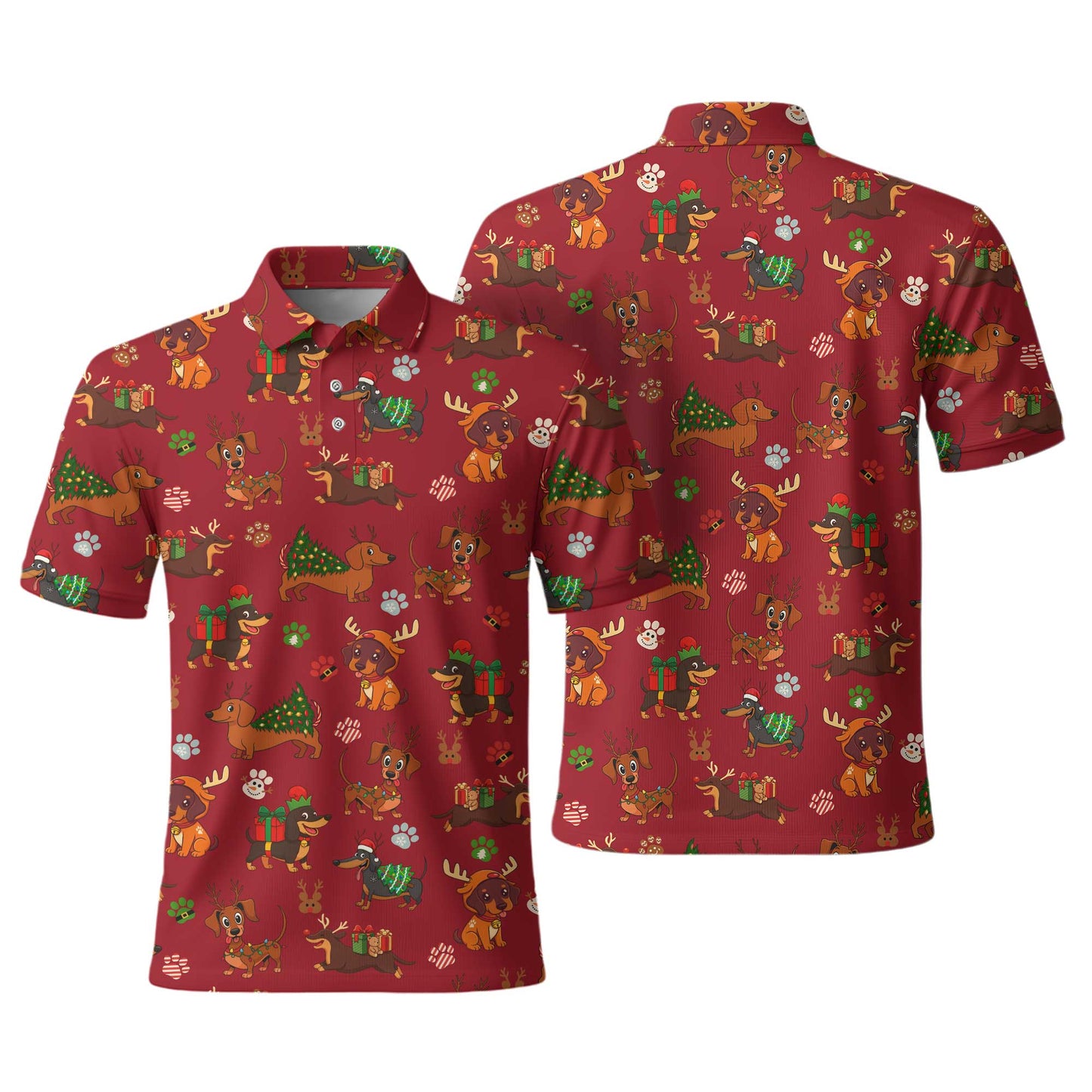 Red Holiday Cute Xmas With Reindeer Dachshund And Gift Pattern Polo, Christmas Dachshund Shirt, Wiener Dog T Shirt