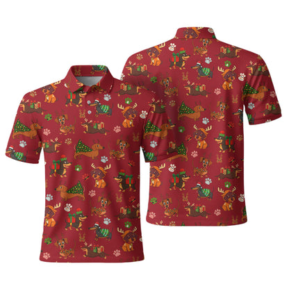 Red Holiday Cute Xmas With Reindeer Dachshund And Gift Pattern Polo, Christmas Dachshund Shirt, Wiener Dog T Shirt
