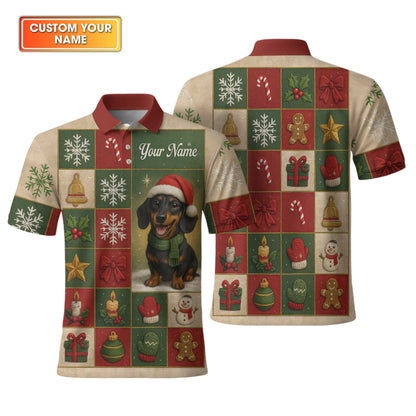 Personalized Name Wiener Dog T Shirt, Dachshund Sweatshirt, Happy Christmas Dachshund Pattern Polo