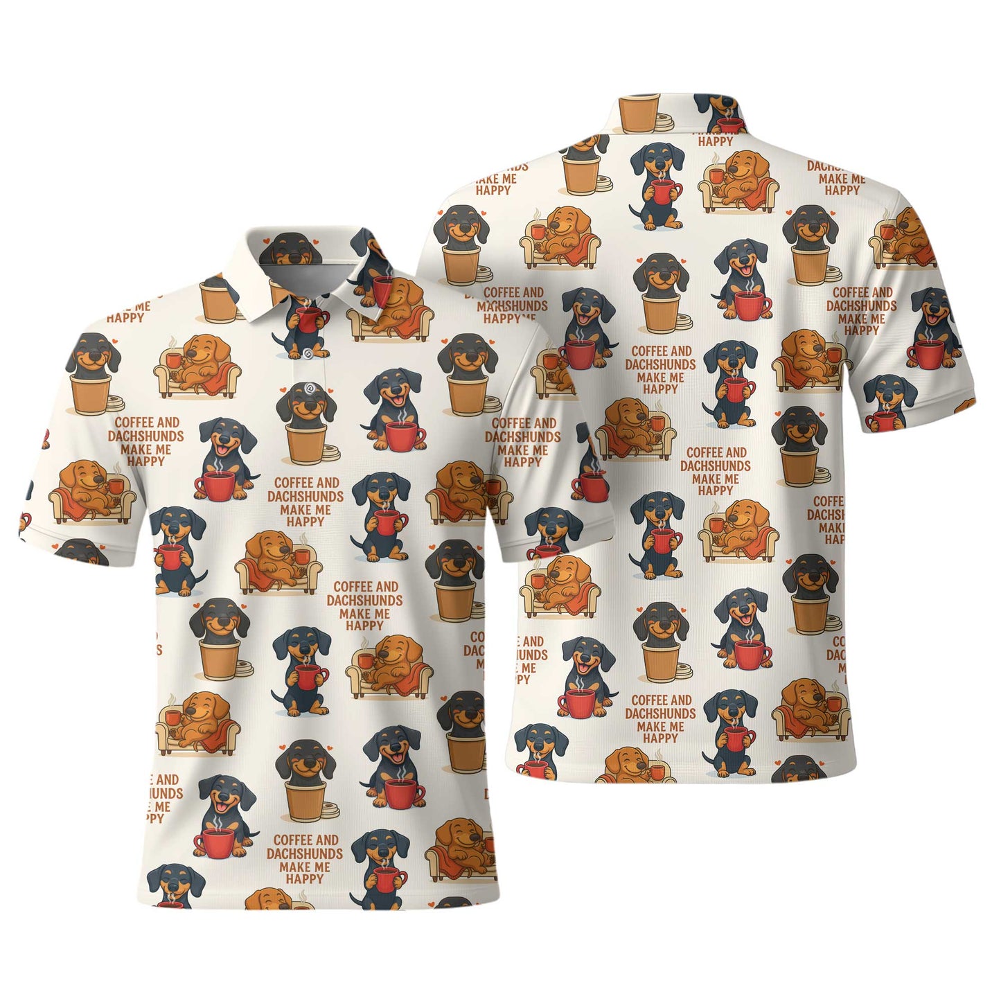 Funny Coffee And Dachshund Pattern Polo, Dachshund Shirt, Wiener Dog T Shirts