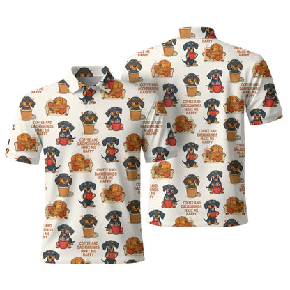 Funny Coffee And Dachshund Pattern Polo, Dachshund Shirt, Wiener Dog T Shirts