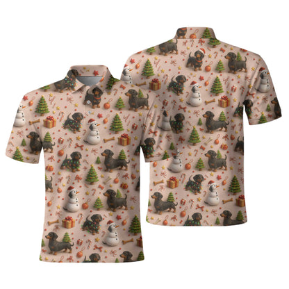 Dog Snowman Tree Pattern Polo For Winter Season, Dachshund T Shirt, Wiener Dog T Shirt