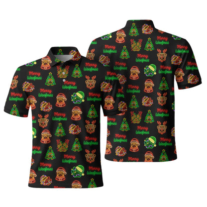 Neon Merry Woofmas Pug Christmas Pattern Polo, Funny Pug Shirt, Pug T Shirt