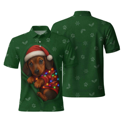 Christmas Dachshund Shirt, Funny Weiner Dog Shirts, Pattern Polos For Spooky Season - Cute Puppy In Santa Hat & Lights
