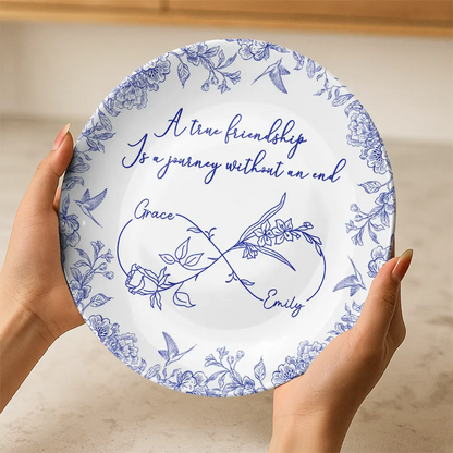 Names & Birth Flowers Infinity - Toile Floral - Personalized Ceramic Plate
