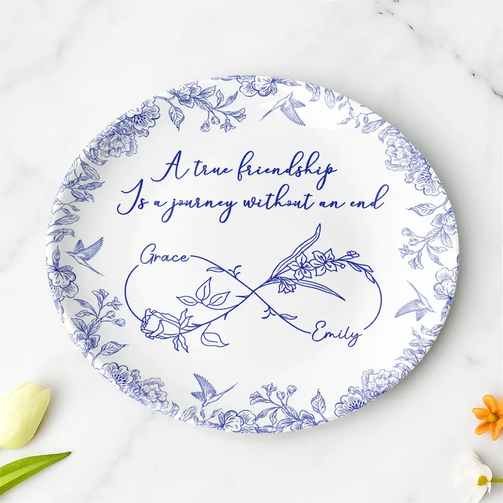 Names & Birth Flowers Infinity - Toile Floral - Personalized Ceramic Plate