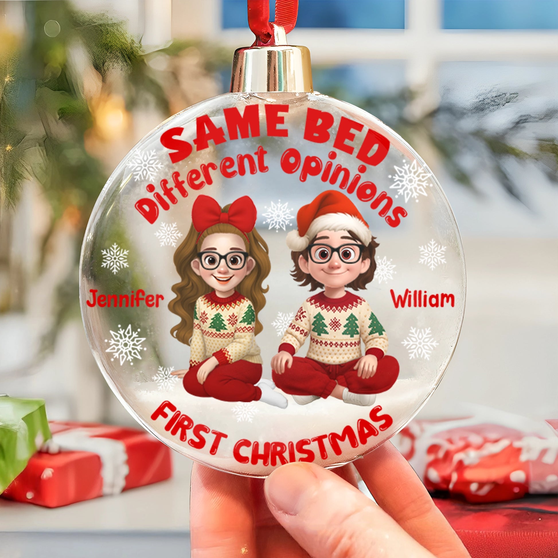 Same Bed Different Opinions - Personalized First Christmas Ball Ornament For CouplesPO-HN111-web1