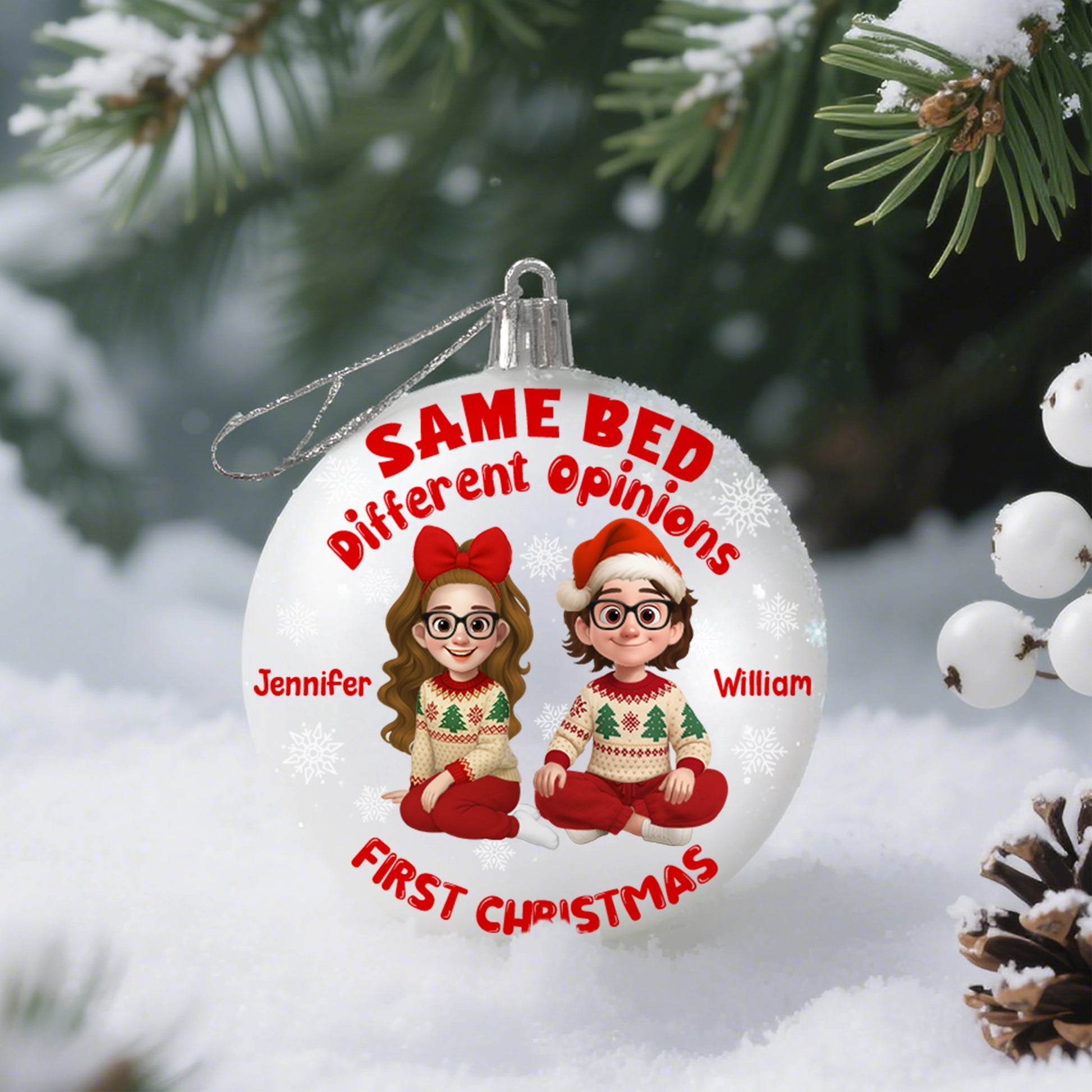 Same Bed Different Opinions - Personalized First Christmas Ball Ornament For CouplesPO-HN111-web2