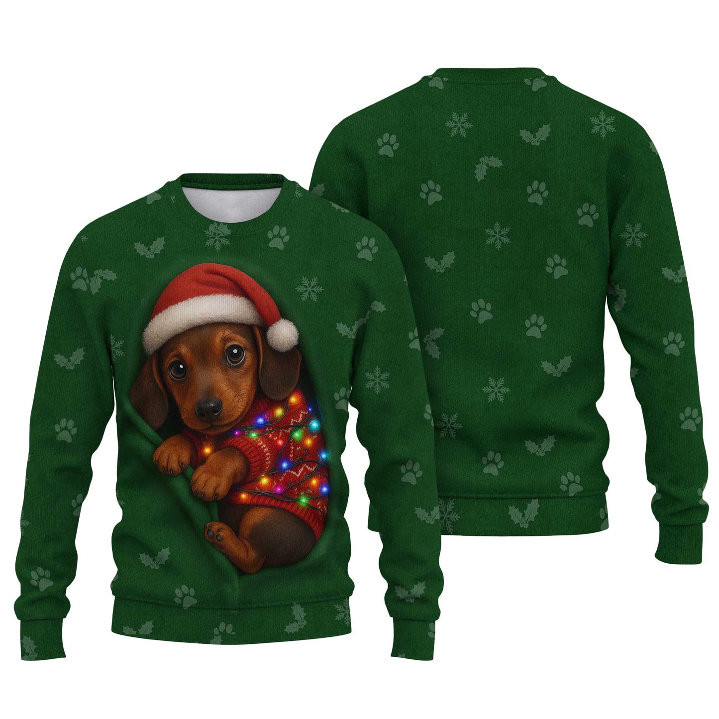 Christmas Dachshund Shirt, Funny Weiner Dog Shirts, Pattern Polos For Spooky Season - Cute Puppy In Santa Hat & Lights