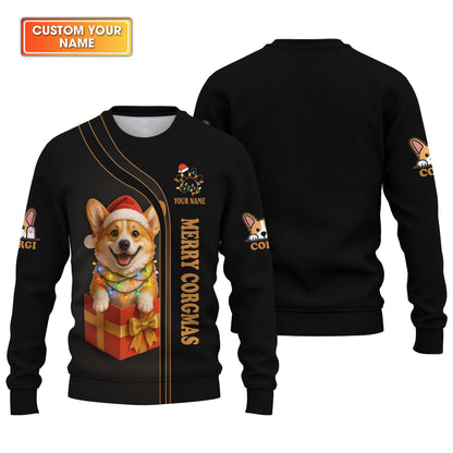 Cute Christmas Corgi Dog Gift Box Custom Name Hoodie, Corgi Shirt, Corgi Dog T Shirt