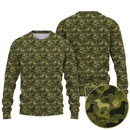 Green Camo Dog Silhouette Pattern Bomber Jacket, Shirts For Dachshunds, Dachshund Sweatshirt
