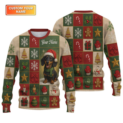 Personalized Name Wiener Dog T Shirt, Dachshund Sweatshirt, Happy Christmas Dachshund Pattern Polo