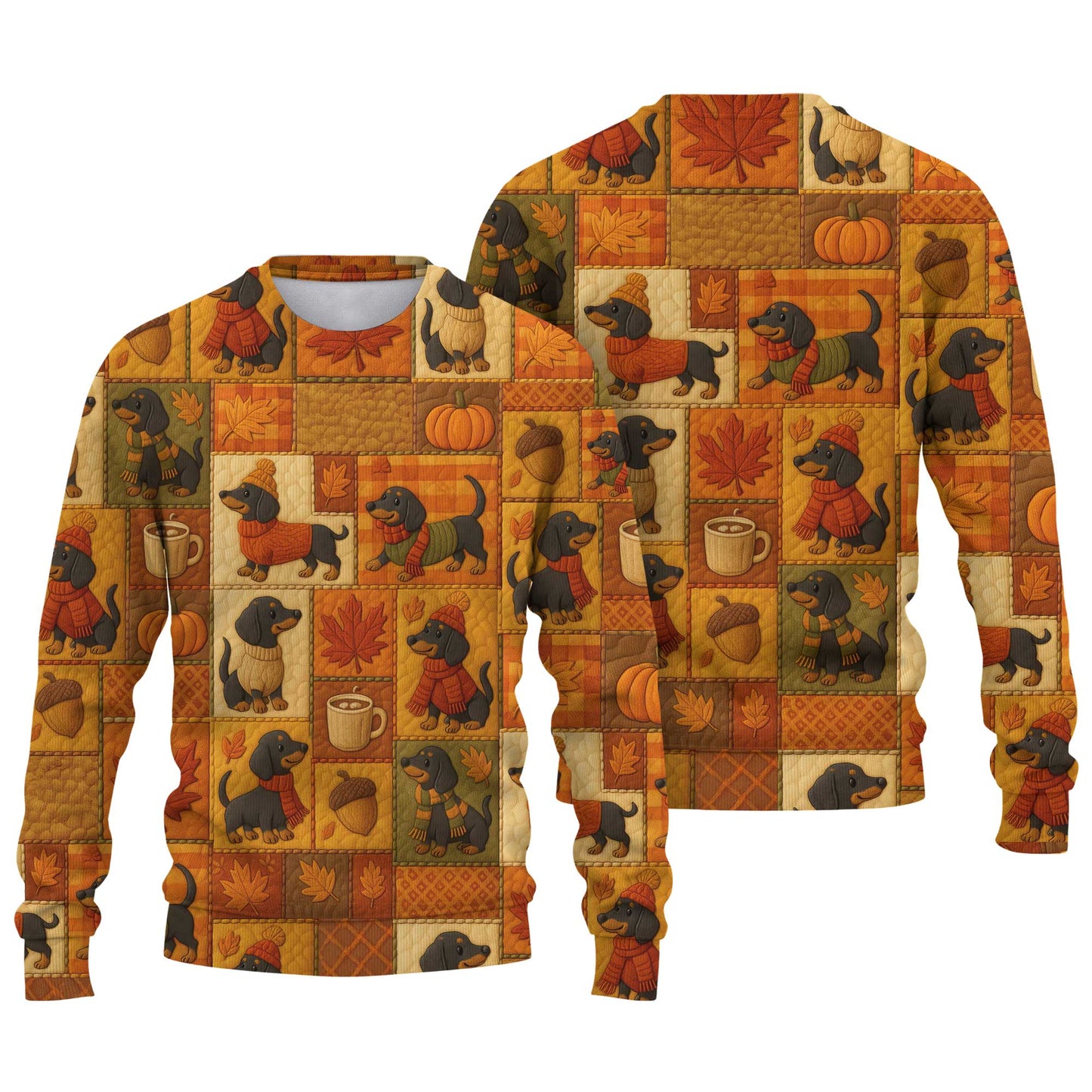 Pattern Polos For Autumn Vibes, Dachshund Shirt With Pumpkins And Coffee, Winter Dog Shirts, T Shirts For Dachshunds
