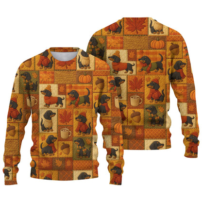Pattern Polos For Autumn Vibes, Dachshund Shirt With Pumpkins And Coffee, Winter Dog Shirts, T Shirts For Dachshunds