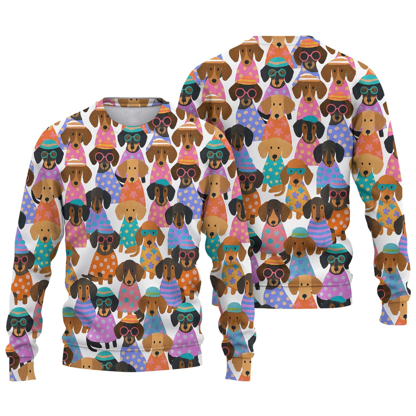 Happy Funny Colorful Dachshund Pattern Polo, Wiener Dog T Shirt, Dachshund Sweatshirt