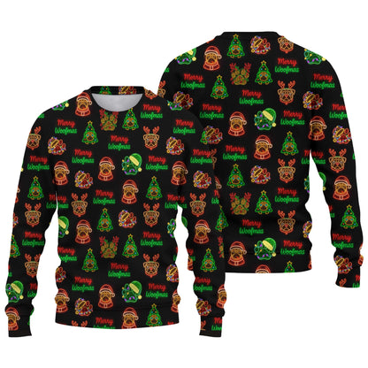 Neon Merry Woofmas Pug Christmas Pattern Polo, Funny Pug Shirt, Pug T Shirt