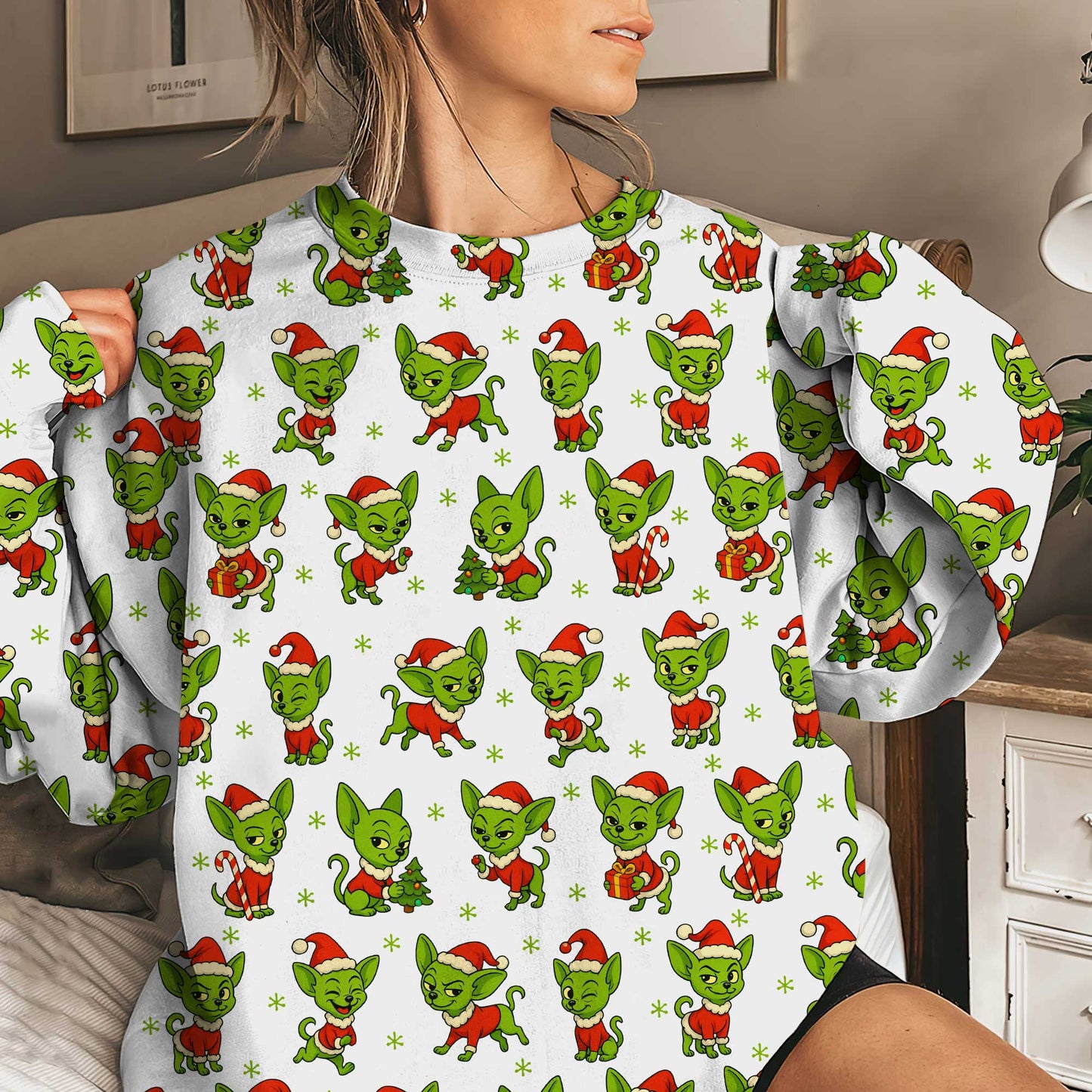 Funny Green Chihuahua Christmas Hoodie, Xmas Dog Pattern Shirt, Chihuahua Shirt For Dog Lovers