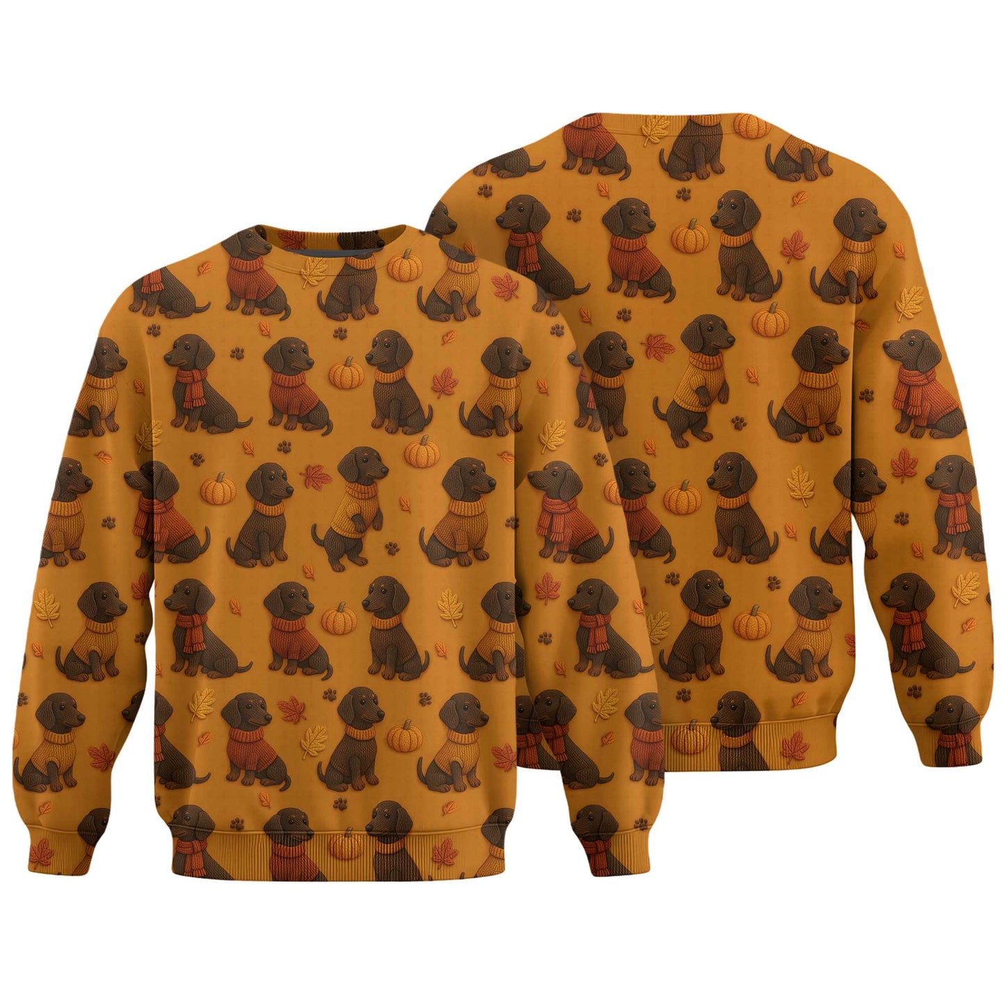 Pattern Dachshund Orange Shirt With Pumpkin And Autumn Leaves, Dachshund Halloween Shirt, Winter Dog Shirts