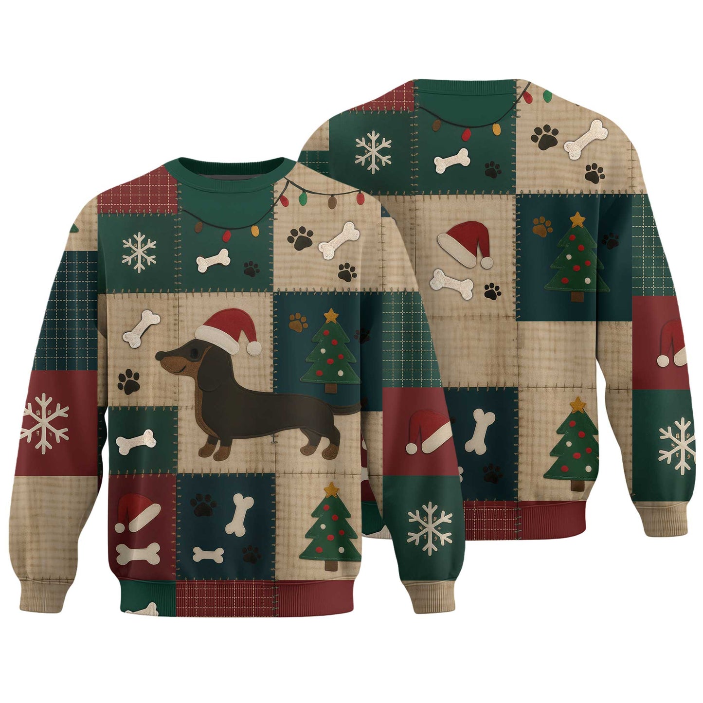 Dachshund Christmas Shirt With Santa Hat And Patchwork Design, Wiener Dog Holiday Shirt, Festive Dog Lover Tee