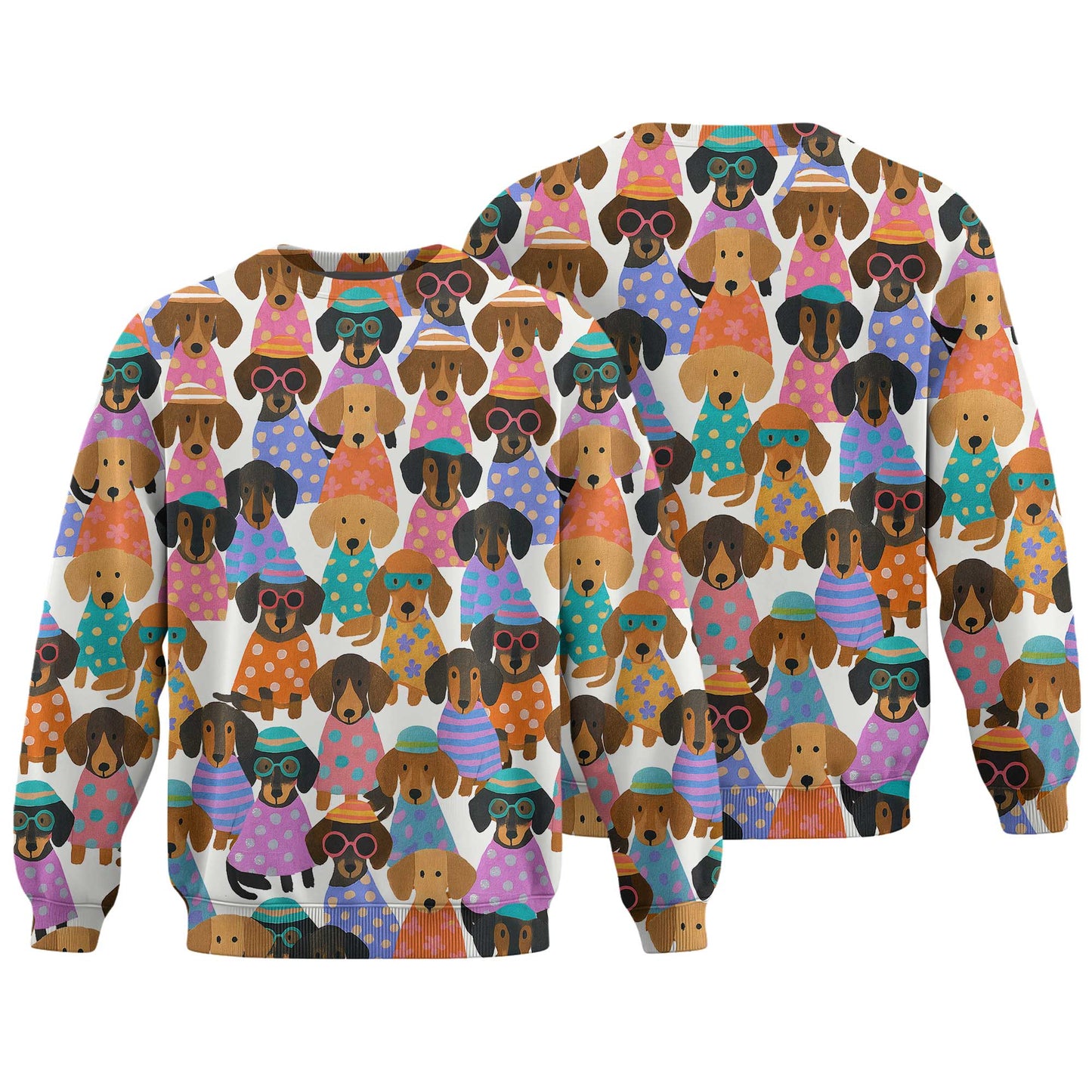 Happy Funny Colorful Dachshund Pattern Polo, Wiener Dog T Shirt, Dachshund Sweatshirt