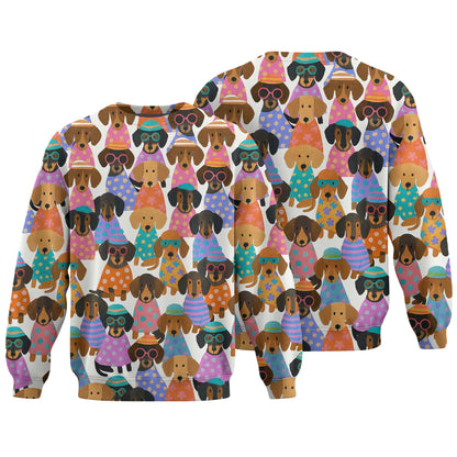 Happy Funny Colorful Dachshund Pattern Polo, Wiener Dog T Shirt, Dachshund Sweatshirt