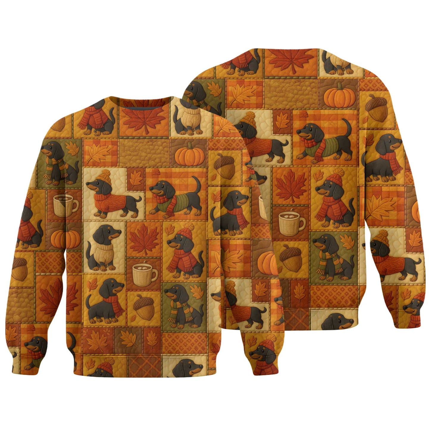 Pattern Polos For Autumn Vibes, Dachshund Shirt With Pumpkins And Coffee, Winter Dog Shirts, T Shirts For Dachshunds