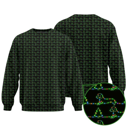 Funny Festive Neon Dachshund And Christmas Tree Lights Pattern, Dachshund Christmas Shirt, Wiener Dog T Shirt