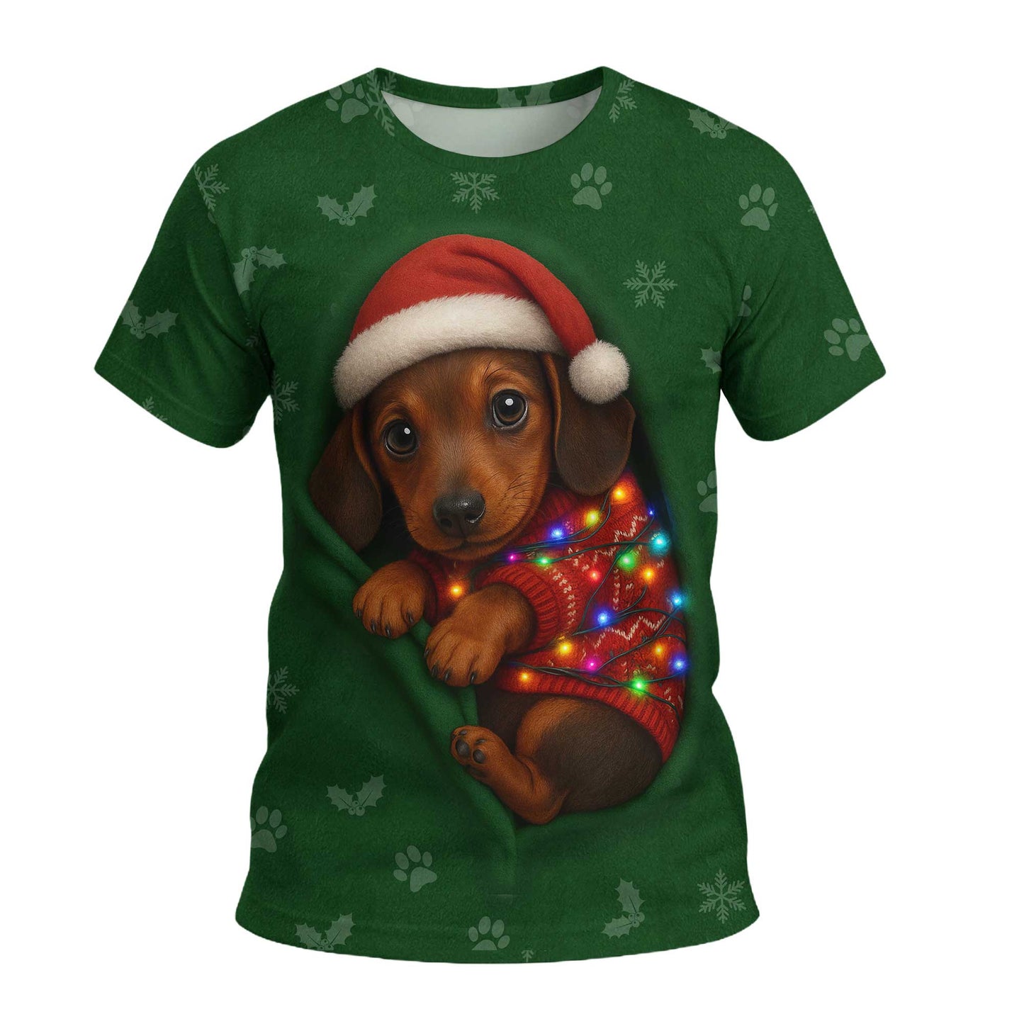 Christmas Dachshund Shirt, Funny Weiner Dog Shirts, Pattern Polos For Spooky Season - Cute Puppy In Santa Hat & Lights