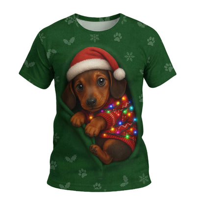 Christmas Dachshund Shirt, Funny Weiner Dog Shirts, Pattern Polos For Spooky Season - Cute Puppy In Santa Hat & Lights