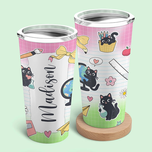 Cute School Cat Cup - Custom Name Back To School - Personalized Tumbler
