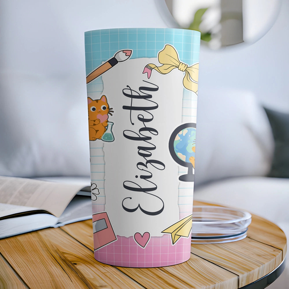Cute School Cat Cup - Custom Name Back To School - Personalized Tumbler