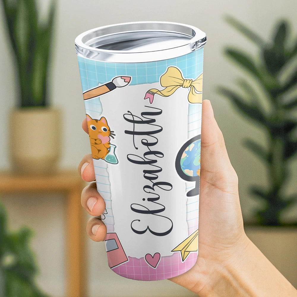 Cute School Cat Cup - Custom Name Back To School - Personalized Tumbler