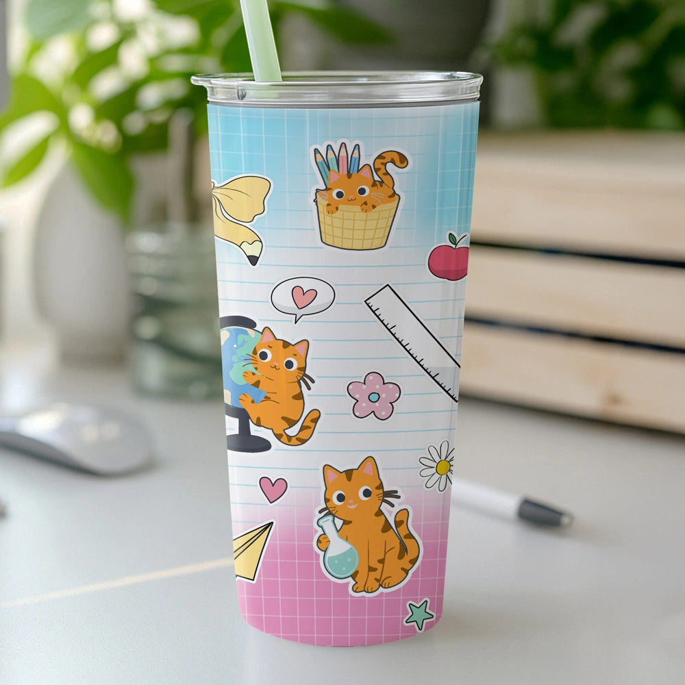 Cute School Cat Cup - Custom Name Back To School - Personalized Tumbler