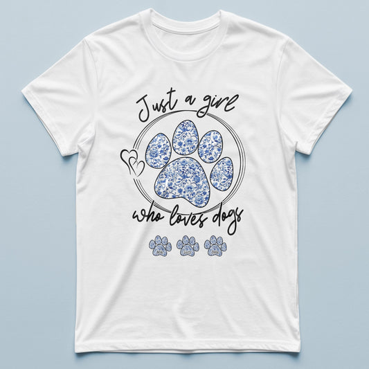 Just A Girl Who Loves Dogs - Blue Floral Style - Personalized T-Shirt