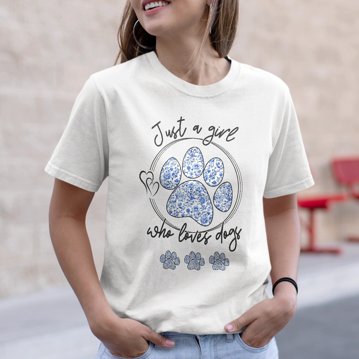 Just A Girl Who Loves Dogs - Blue Floral Style - Personalized T-Shirt