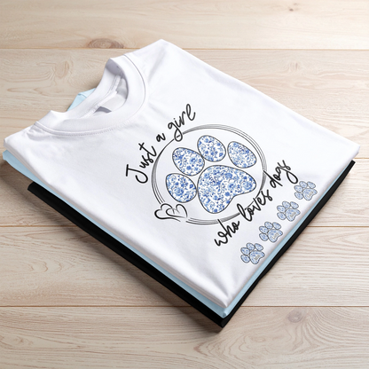 Just A Girl Who Loves Dogs - Blue Floral Style - Personalized T-Shirt
