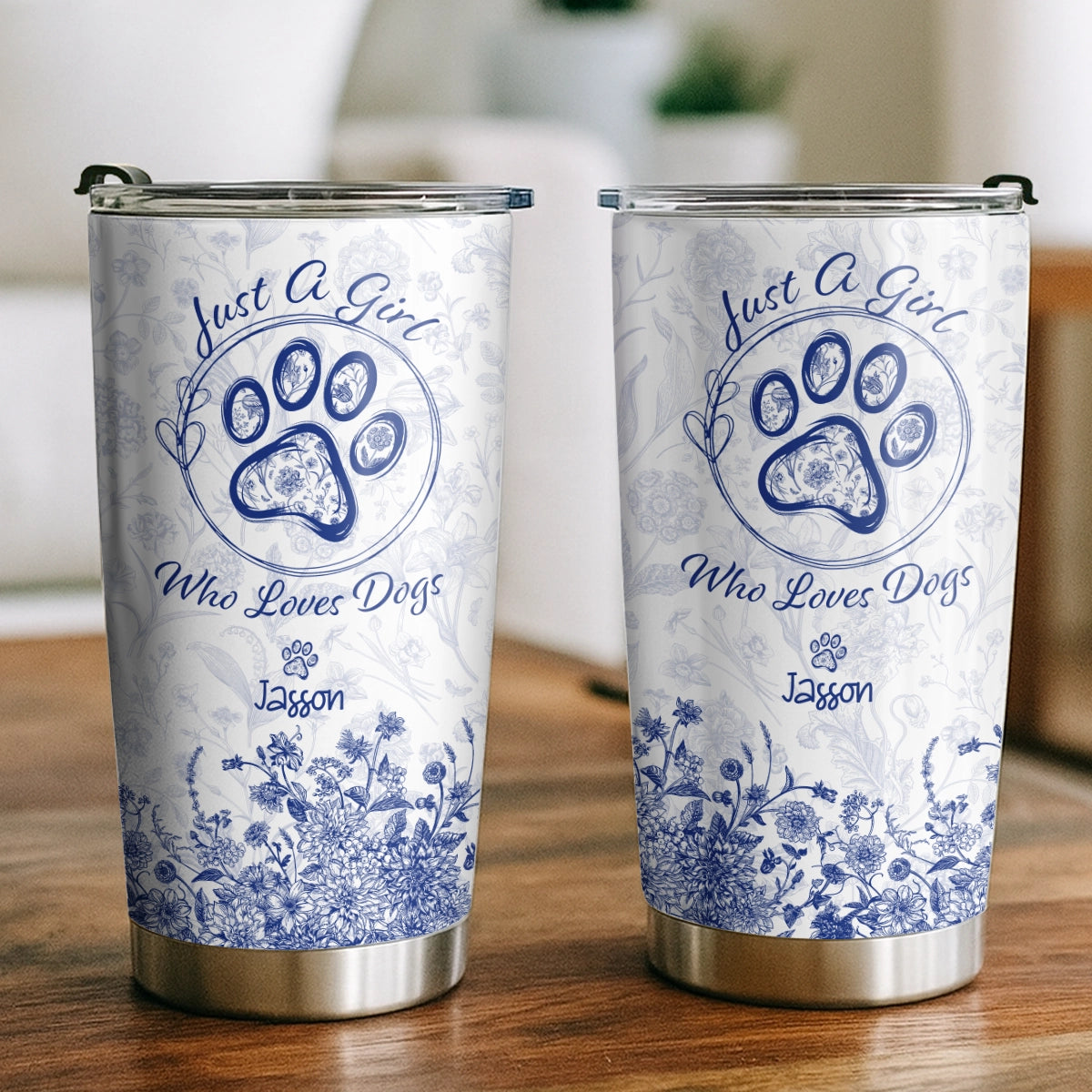 Just A Girl Who Loves Dogs - Toile De Jouy Floral Style - Personalized Tumbler