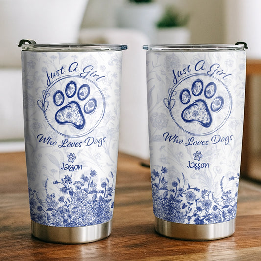 Just A Girl Who Loves Dogs - Toile De Jouy Floral Style - Personalized Tumbler