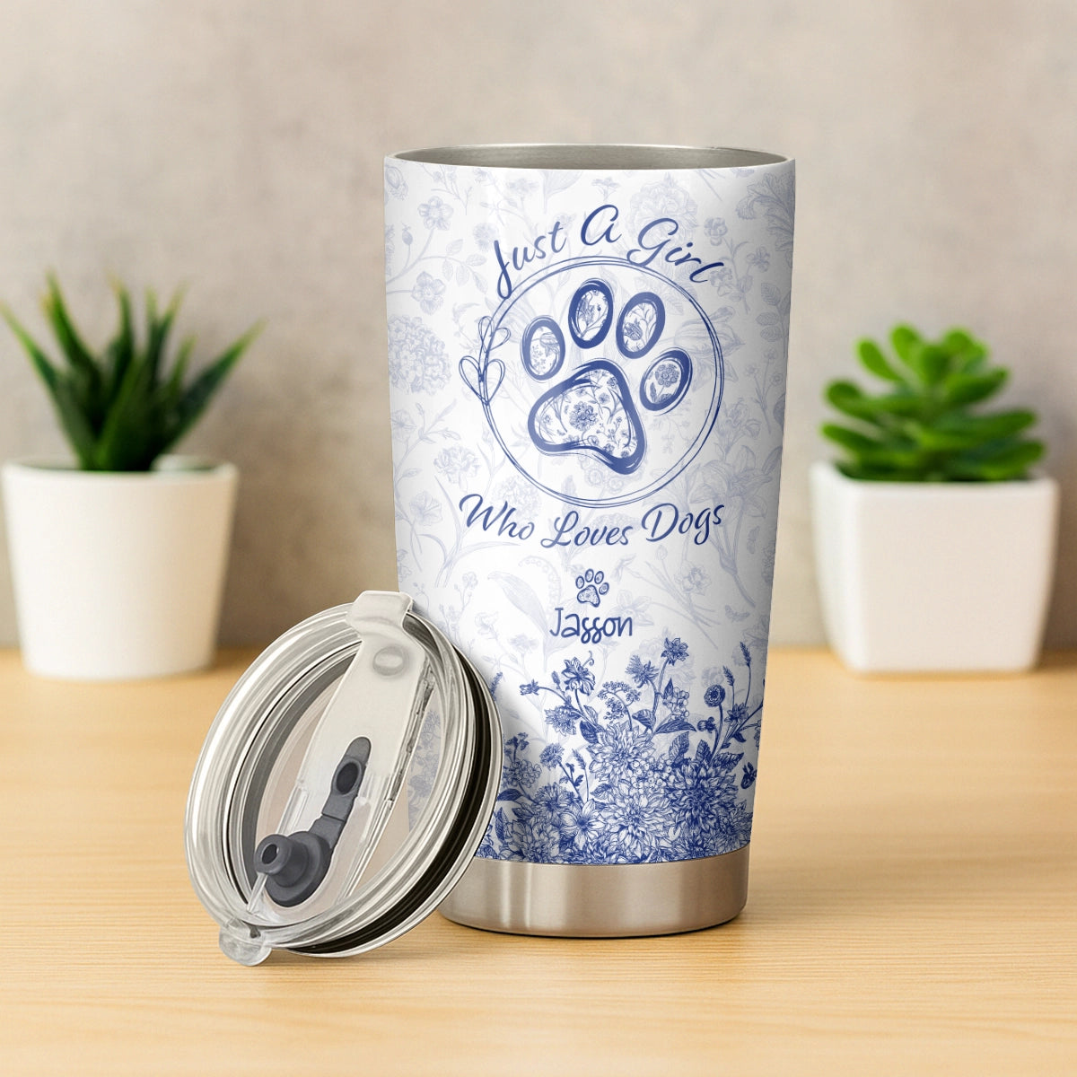 Just A Girl Who Loves Dogs - Toile De Jouy Floral Style - Personalized Tumbler