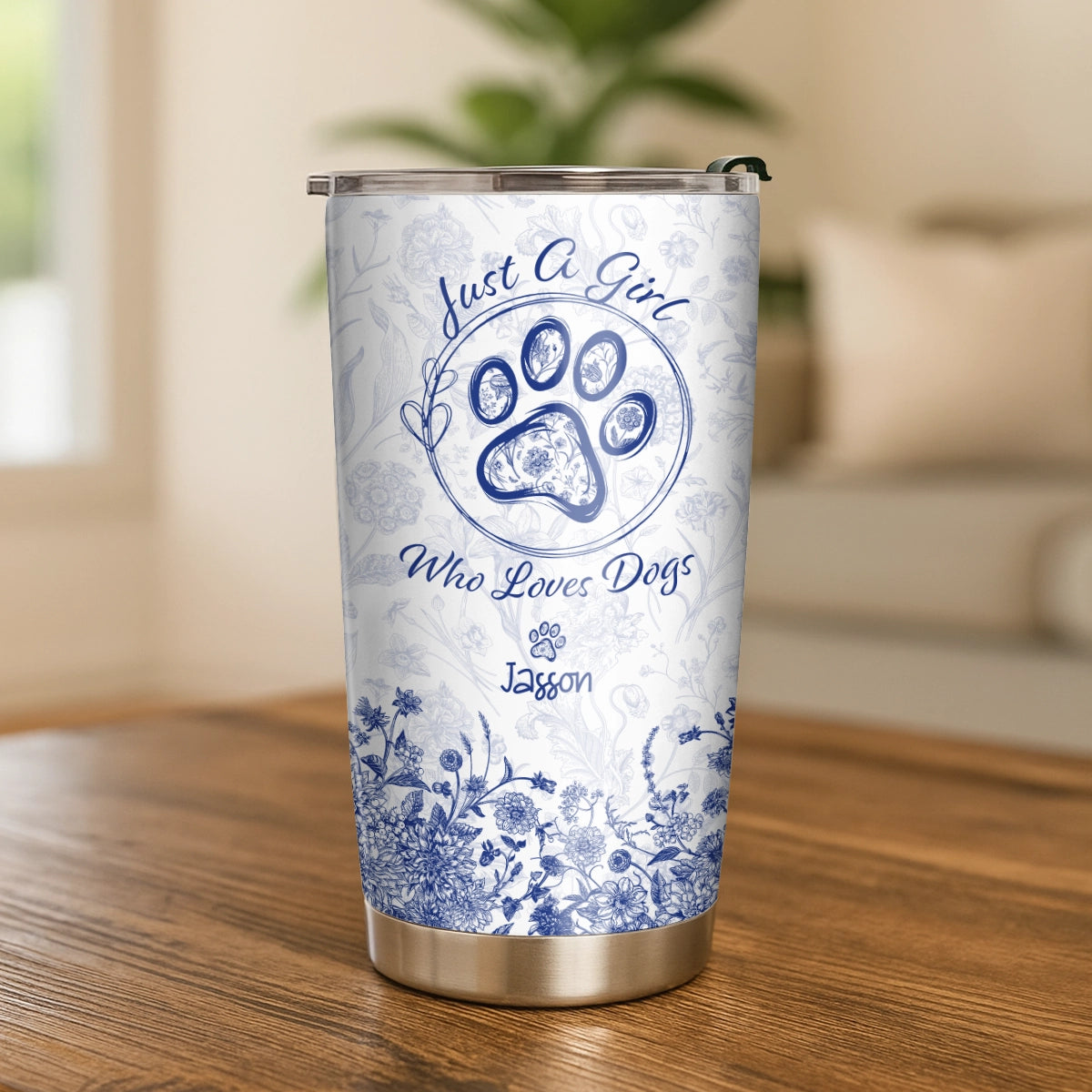 Just A Girl Who Loves Dogs - Toile De Jouy Floral Style - Personalized Tumbler