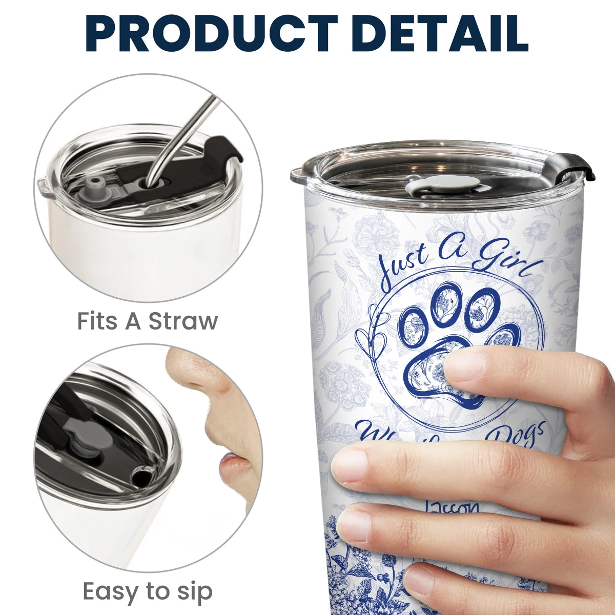 Just A Girl Who Loves Dogs - Toile De Jouy Floral Style - Personalized Tumbler