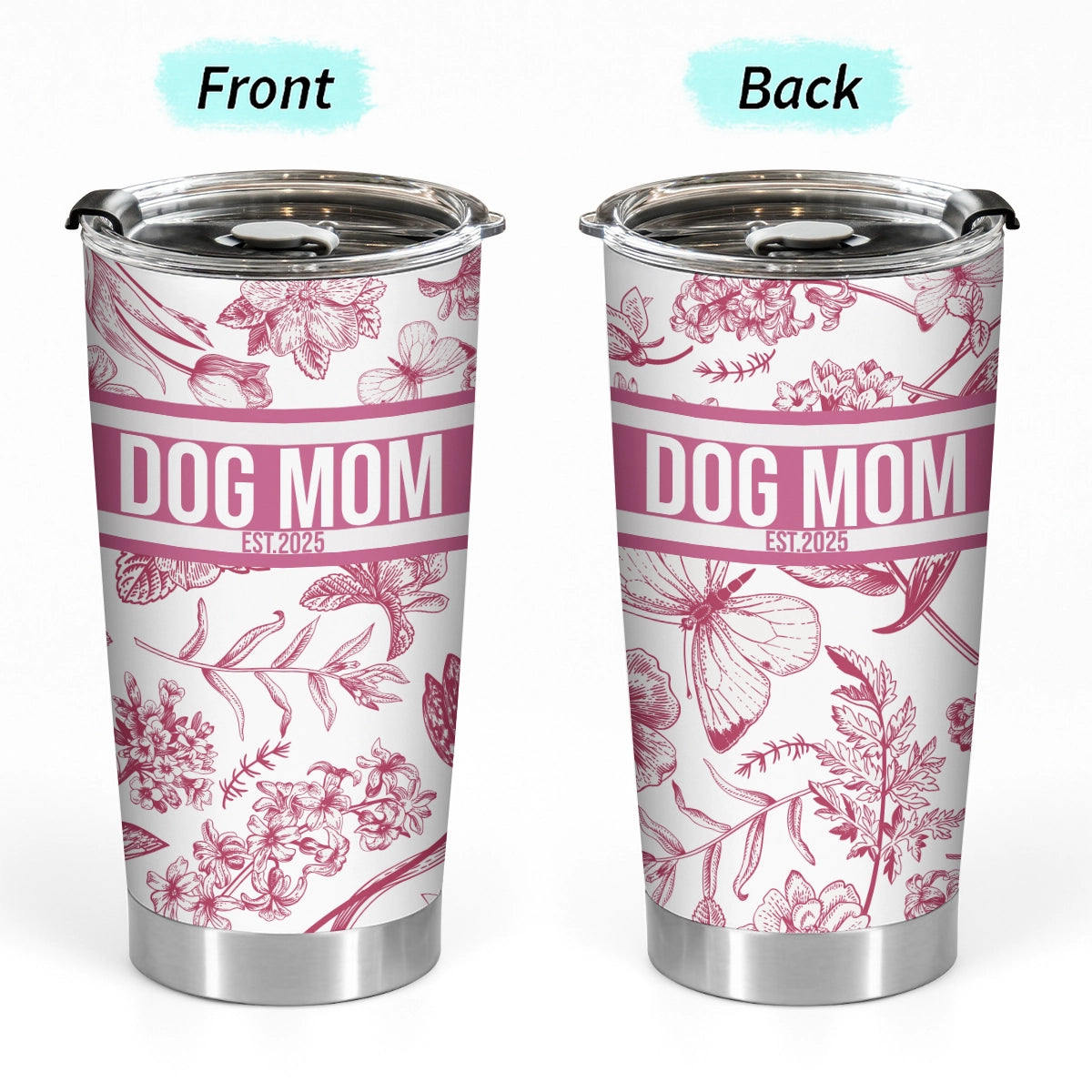 Dog Mom Est. 2025 - Custom Name Toile De Jouy Style - Personalized Tumbler
